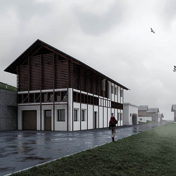Visualisierung eines nachhaltigen Gebäudes in Avers