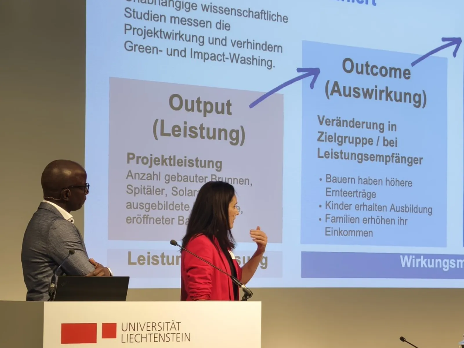 Zwei Personen präsentieren auf der Bühne des 16. Liechtensteinischen Stiftungsrechtstags 2024 im Auditorium der Universität Liechtenstein. Sie stehen vor einer Leinwand mit einer Präsentation über Chancen und Herausforderungen in der Sozial- und Wirtschaftswissenschaft. Ein Rednerpult mit dem Logo der Universität ist im Vordergrund sichtbar.