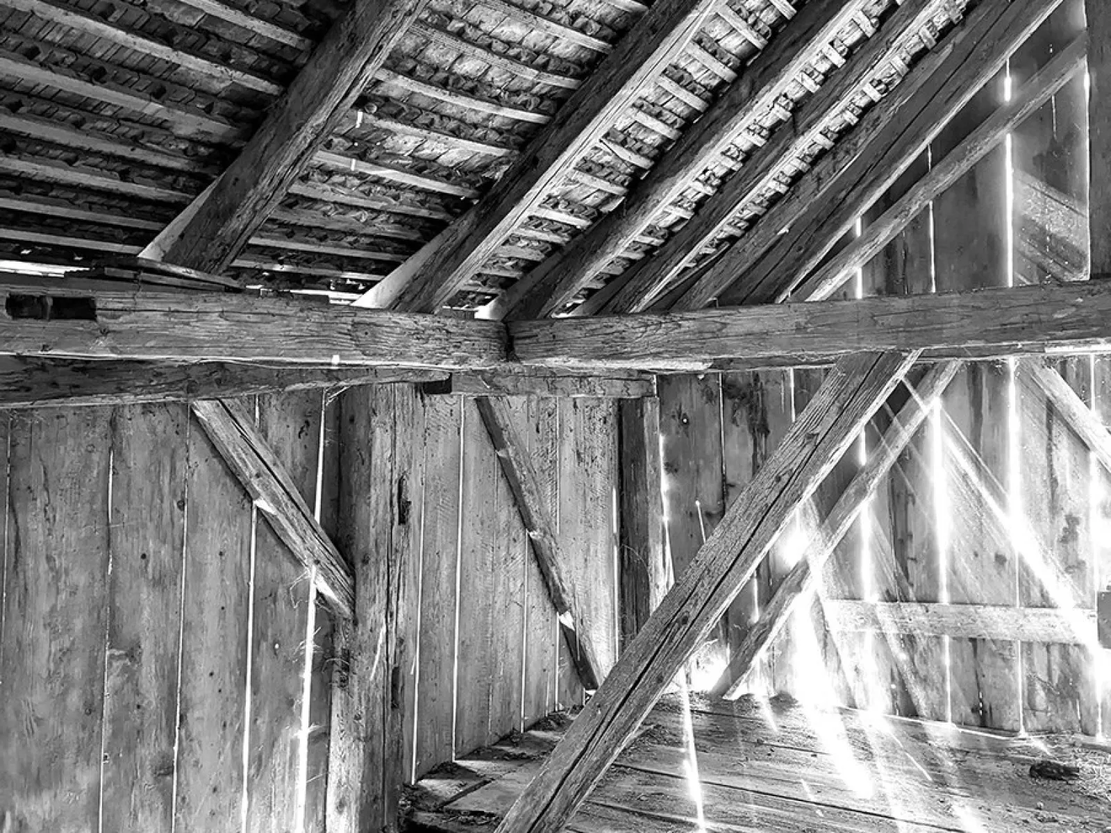 Schwarz-Weiß-Foto eines alten Dachbodens mit sichtbaren Holzbalken und einfallendem Licht durch die Dachlücken. Die Struktur zeigt traditionelle Bauweise und vermittelt eine rustikale Atmosphäre.