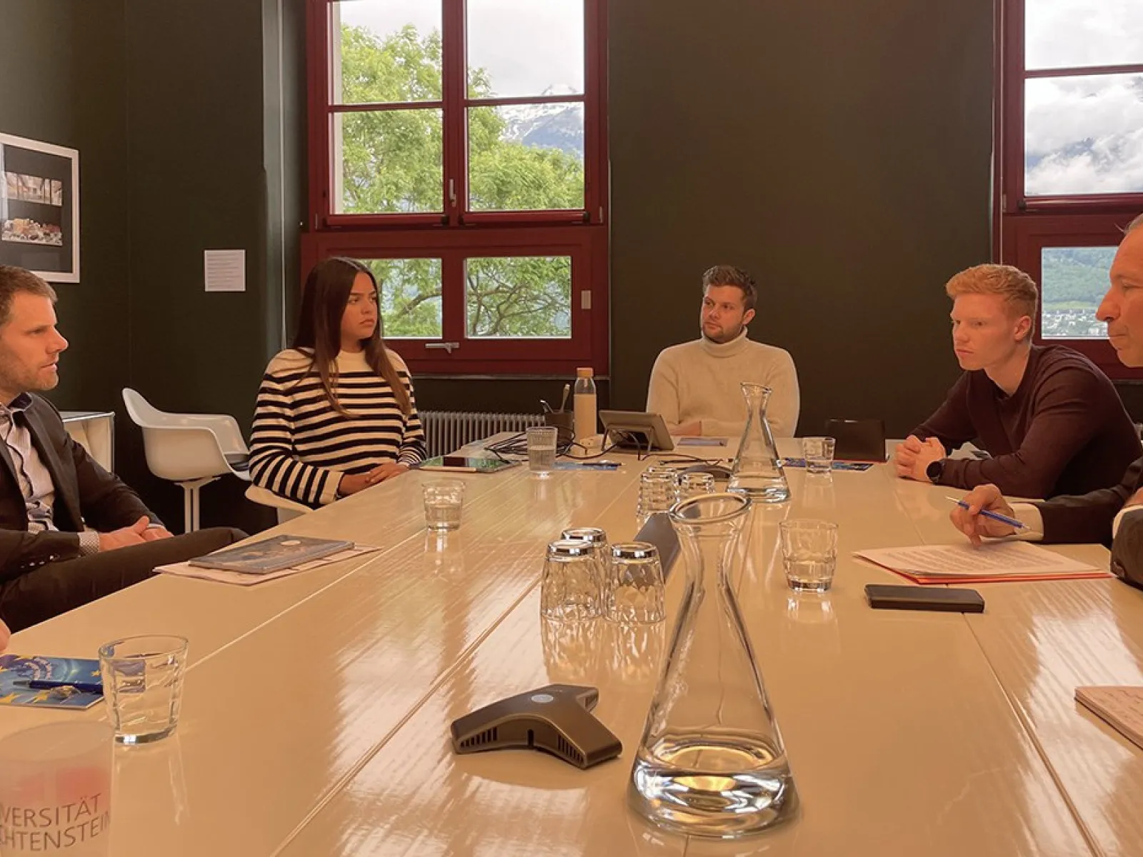 Eine Gruppe von Personen sitzt an einem Konferenztisch in einem Raum mit großen Fenstern. Sie diskutieren in einer formellen Umgebung. Auf dem Tisch stehen Wassergläser und Karaffen. Im Hintergrund sind grüne Bäume und ein bewölkter Himmel zu sehen.