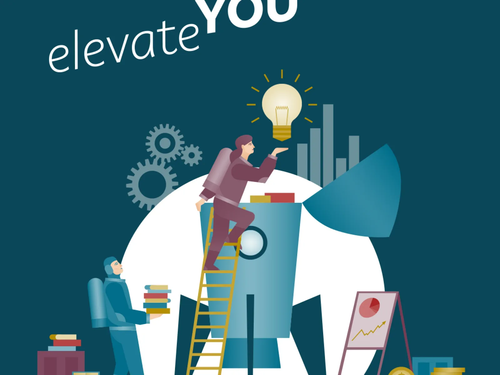 Illustration zu Innovation und Karriereentwicklung mit Weiterbildung Motivation und grafischen Symbolen