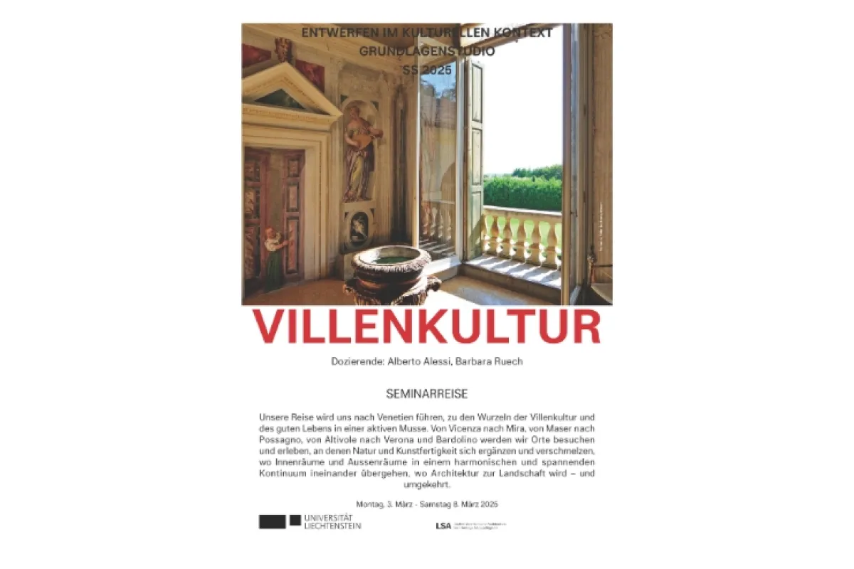 Poster zur Seminarreise „Villenkultur“ der Liechtenstein School of Architecture im SS 2025 – mit Fokus auf Architektur, Landschaft und kulturellen Kontexten rund um Venetien.