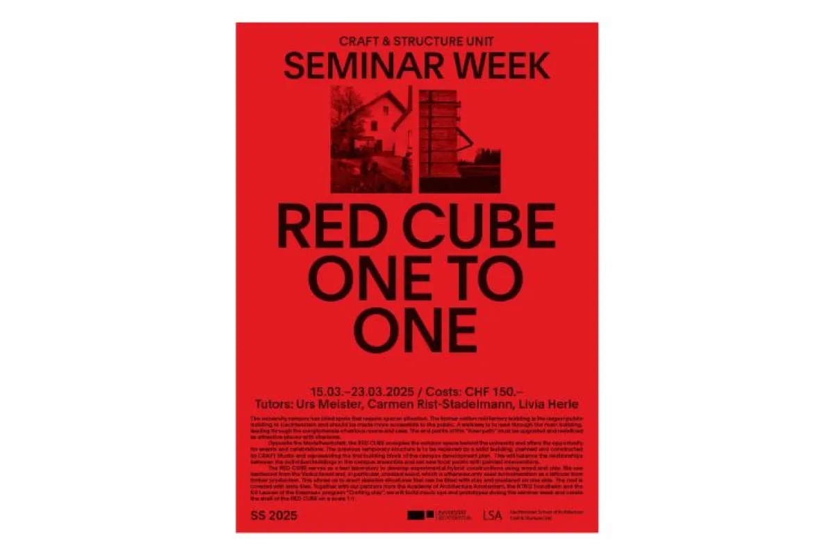 Rotes Poster zu einer Seminarwoche mit dem Titel "Red Cube one to one"
