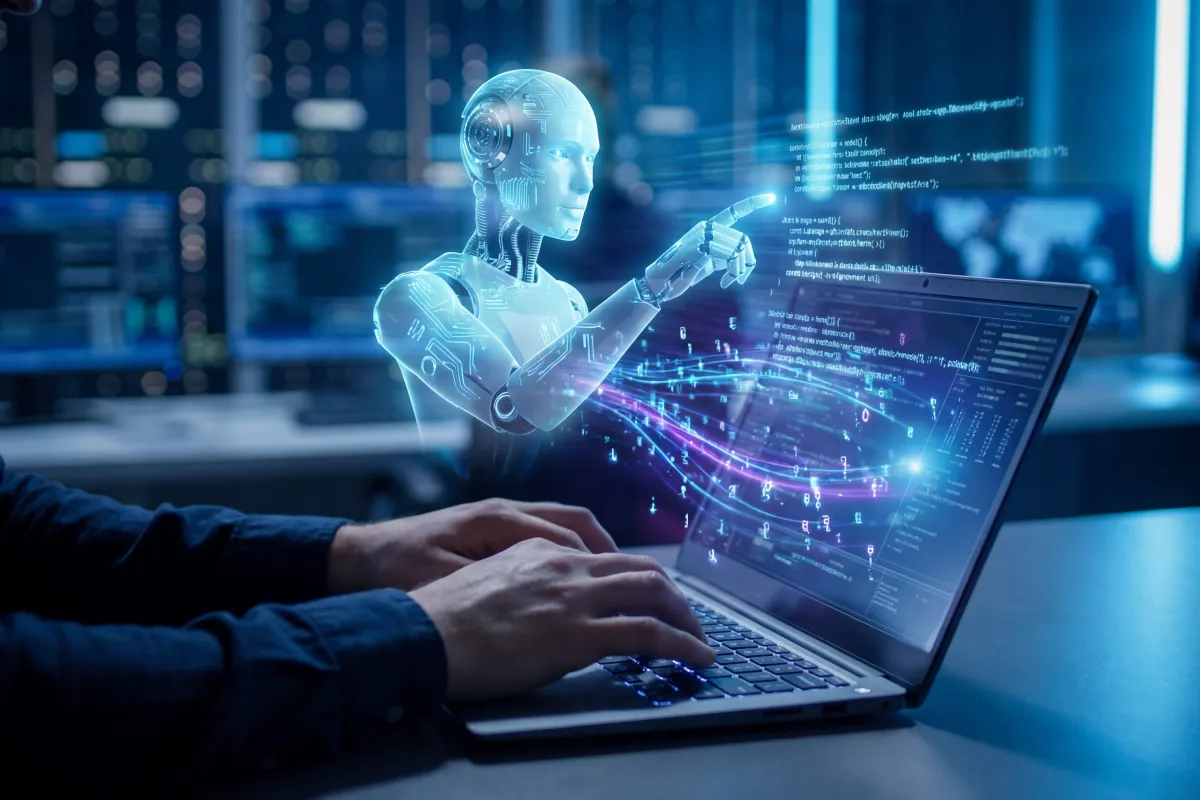Person arbeitet am Laptop mit holografischer Darstellung eines KI-Agenten