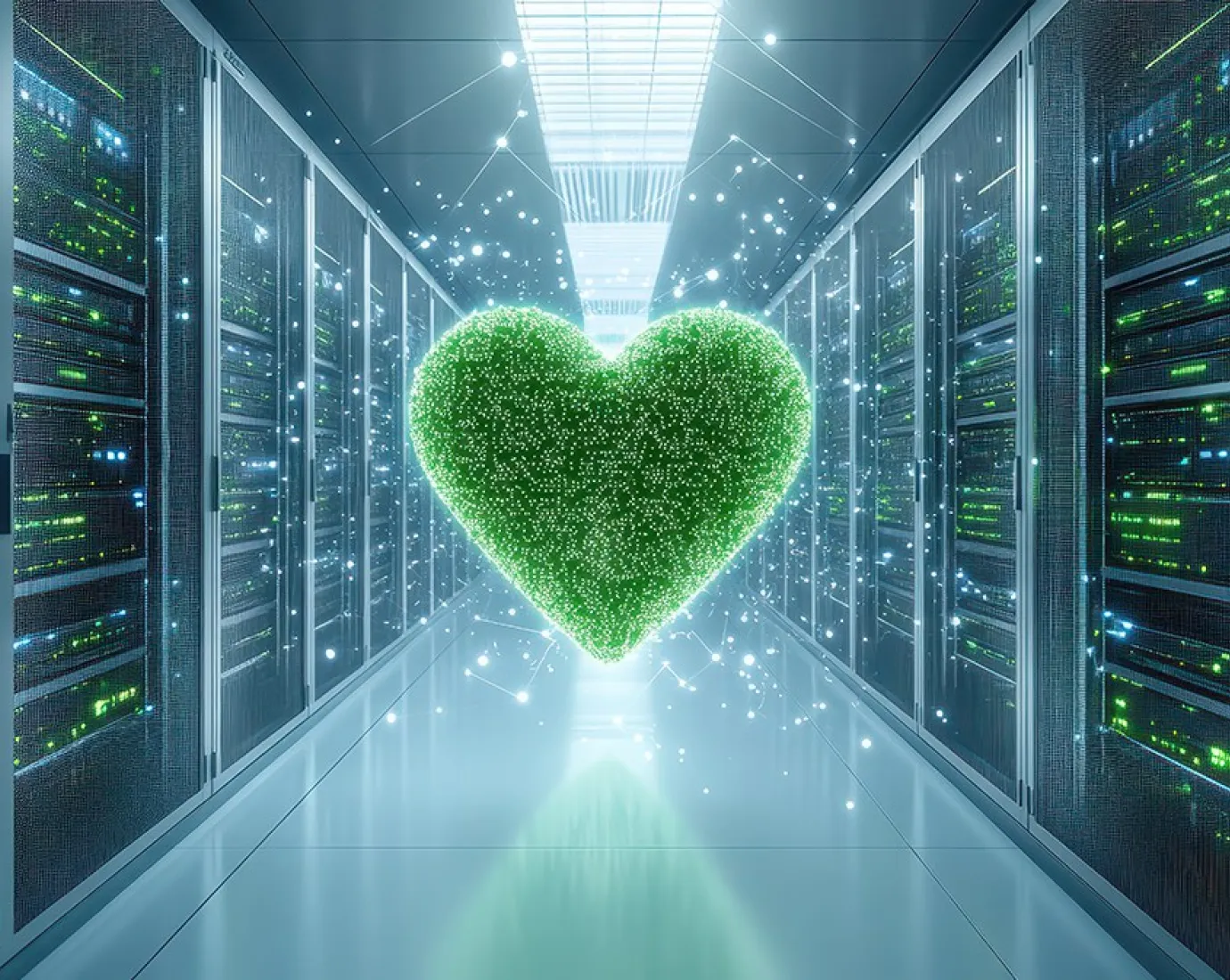 Ein leuchtendes grünes Herz ist zu sehen, welches inmitten einer grossen Serverfarm ist.