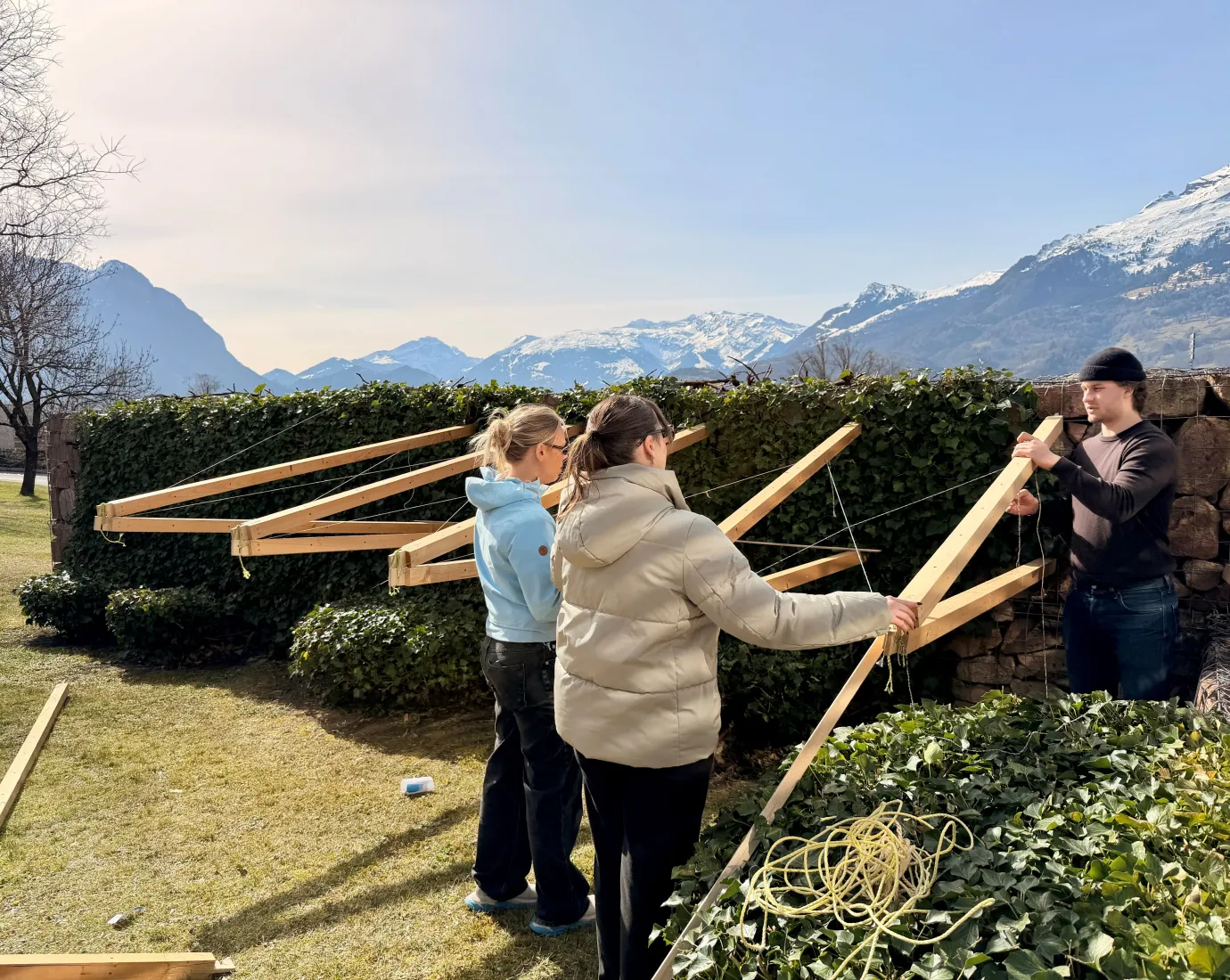 Drei junge Menschen bauen eine Konstruktion aus Holz 