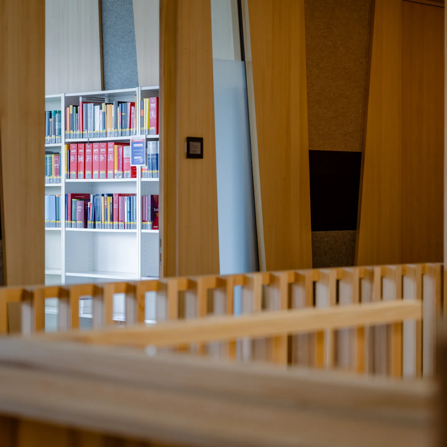 Blick in die Bibliothek der Universität Liechtenstein mit bunten Fachbüchern