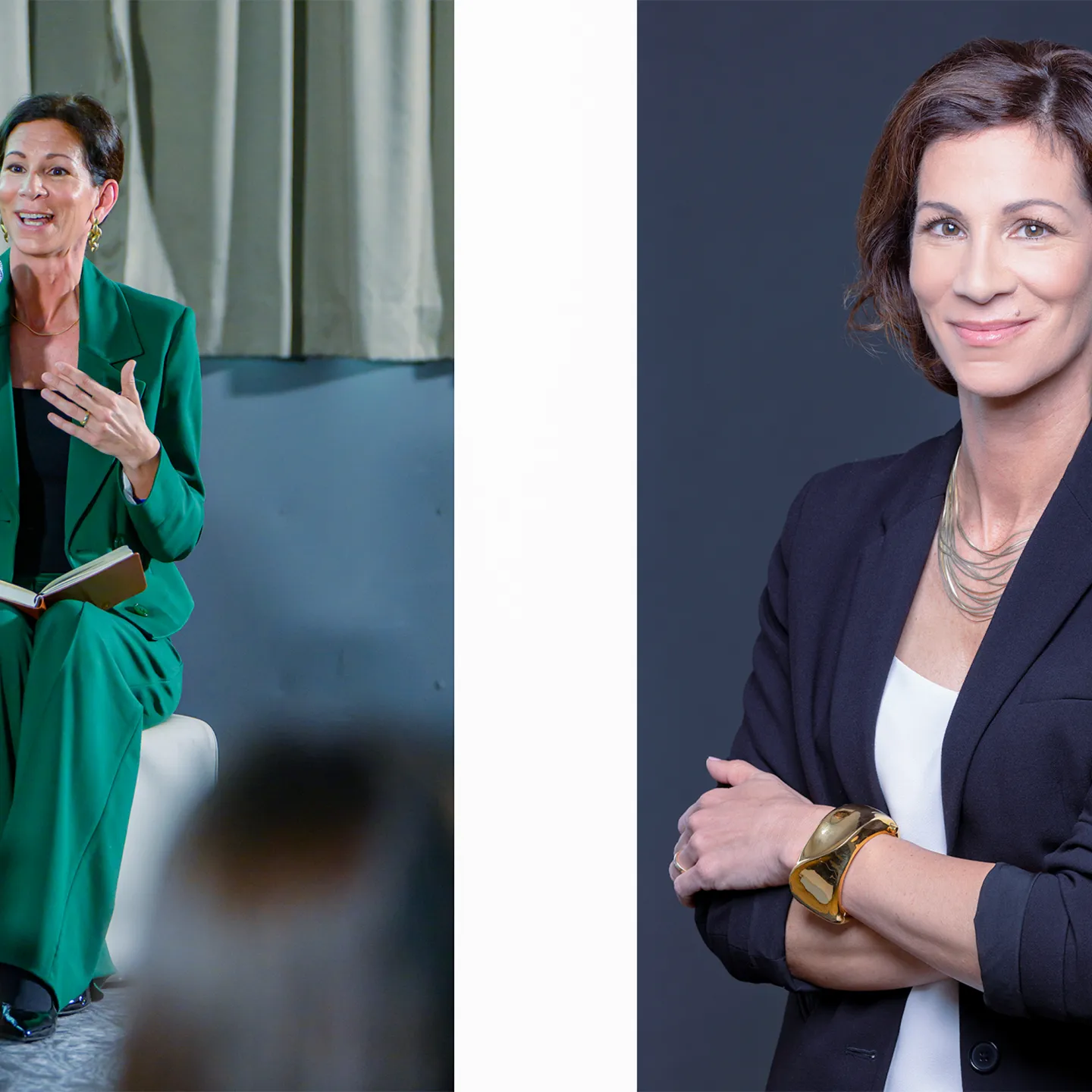 Speakerin im grünen Hosenanzug bei Podiumsdiskussion und offizielles Porträt einer Professorin oder Alumna