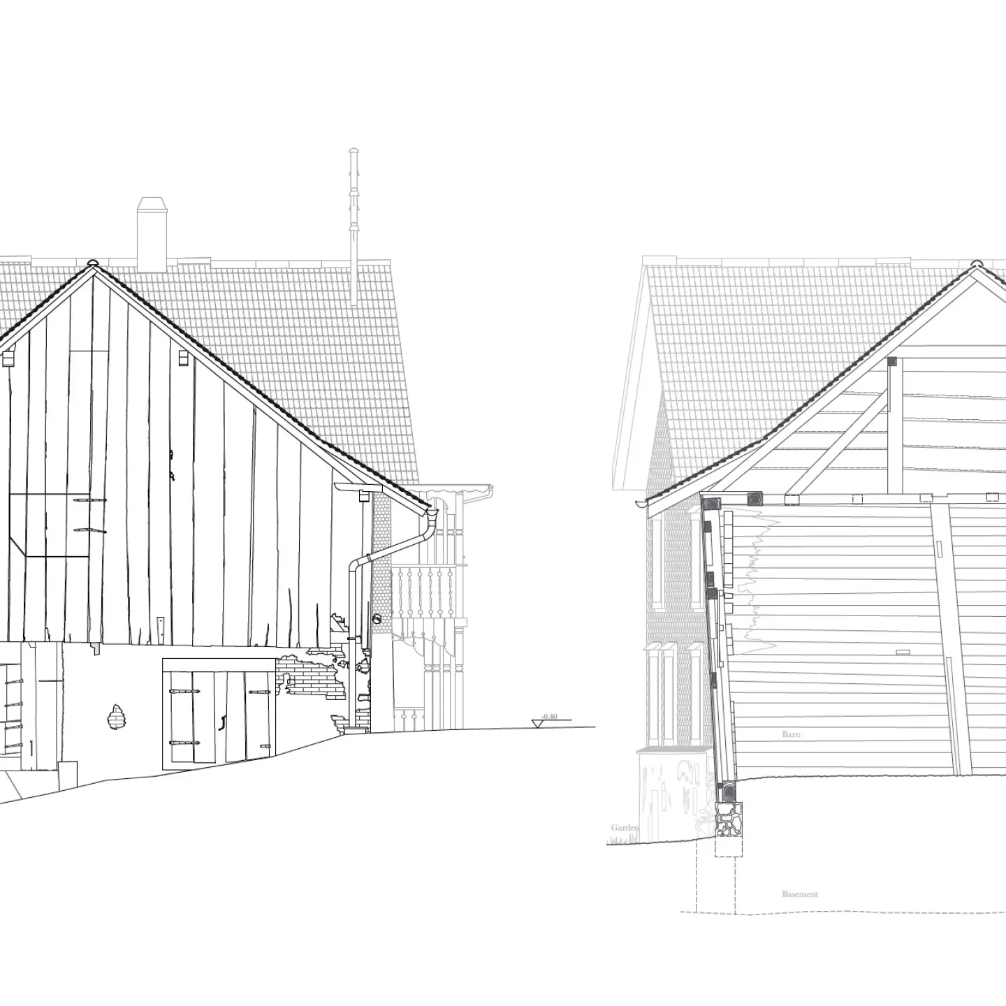 Plan/Ansicht eines landwirtschaftlichen Gebäudes in schwarz/weiss