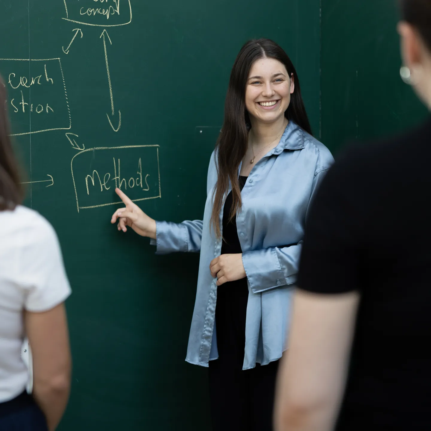 Studierende präsentieren ein Forschungskonzept an der Tafel und diskutieren Methoden an der Universität Liechtenstein.