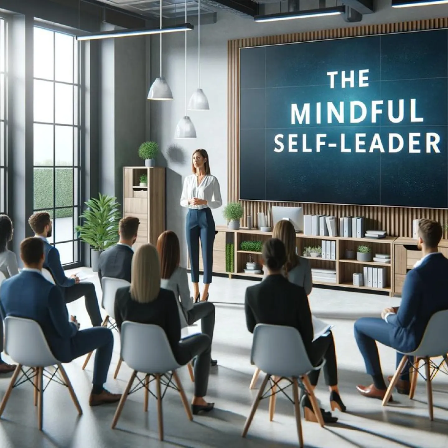 Eine Frau hält eine Präsentation vor einer Gruppe von Menschen in einem modernen Konferenzraum. Auf einem großen Bildschirm steht der Text "The Mindful Self-Leader".