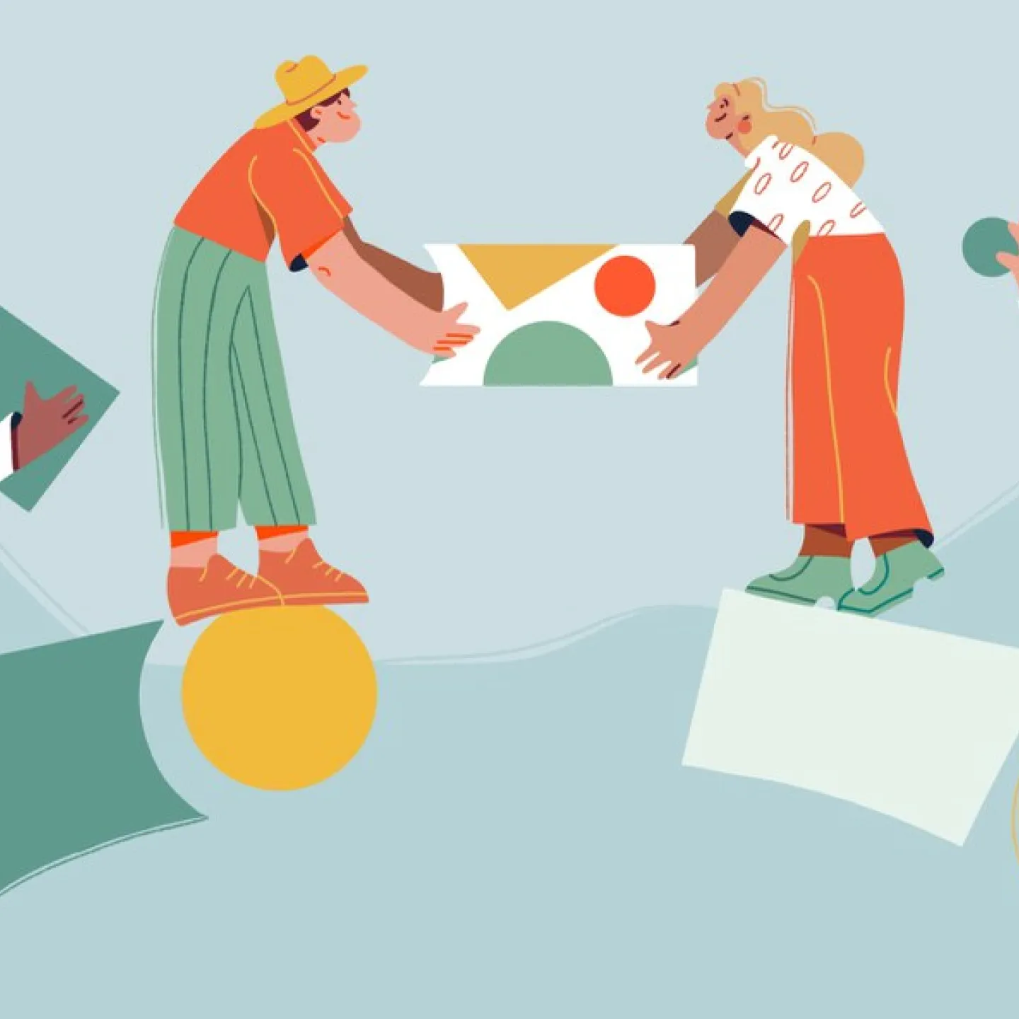 Illustration von vier stilisierten Personen, die auf geometrischen Formen balancieren und zusammenarbeiten. Eine Person reicht einer anderen ein abstraktes Objekt. Die Szene symbolisiert Teamarbeit und Kooperation.