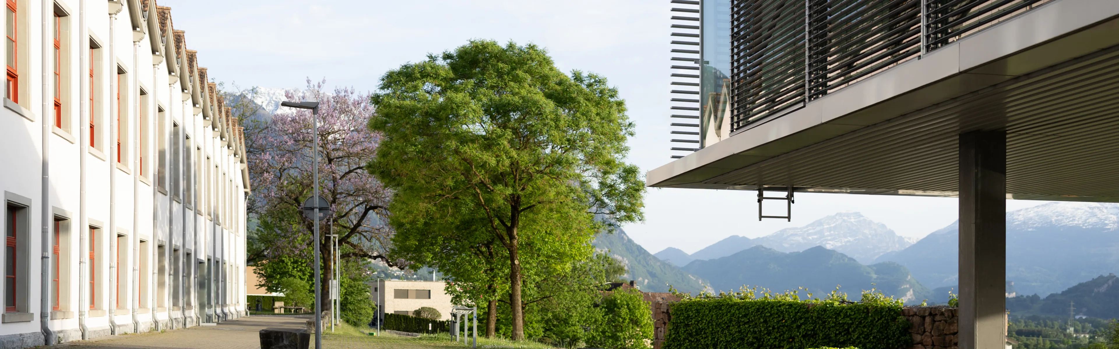Blick auf den begrünten Innenhof des Campus mit weißem Altbau und modernen Anbauten vor alpiner Bergkulisse.