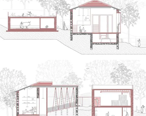 Querschnittszeichnung von zwei architektonischen Entwürfen, die ländliche Gebäude mit Innenräumen und Landschaft zeigen. Die Zeichnungen enthalten Details wie Tiere, Menschen und Vegetation, die die Integration von Natur und Architektur veranschaulichen.