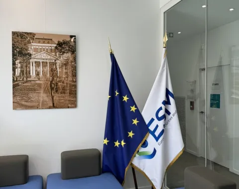 Ein moderner Warteraum mit blauen Sitzmöbeln, zwei Flaggen – eine der Europäischen Union und eine mit dem Logo des Europarats – und einem gerahmten Bild eines historischen Gebäudes an der Wand.