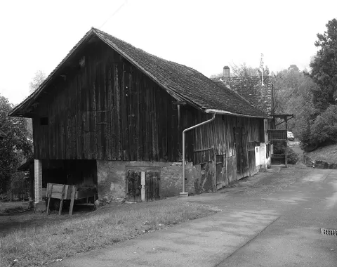 Altes Strickbau-Gebäude an der Kapfstrasse in Eschen, Liechtenstein, mit Holzfassade und schrägem Dach, umgeben von Bäumen und einem asphaltierten Weg.