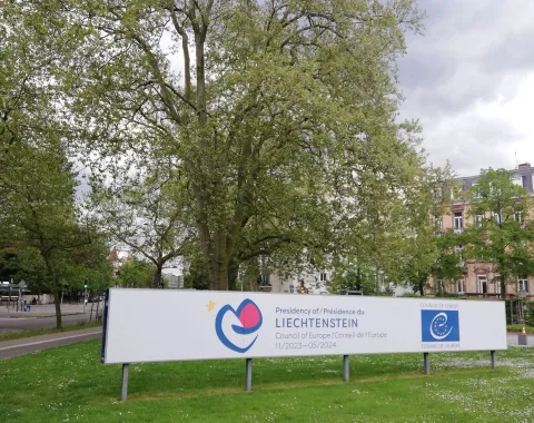 Ein großes Schild mit dem Logo des Fürstentums Liechtenstein und dem Europarat steht auf einer grünen Wiese, umgeben von Bäumen und Gebäuden im Hintergrund.