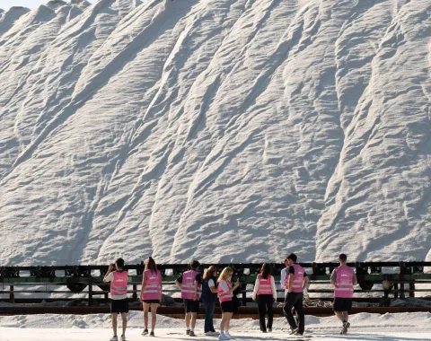 Gruppe Menschen vor einem grossen Salzberg