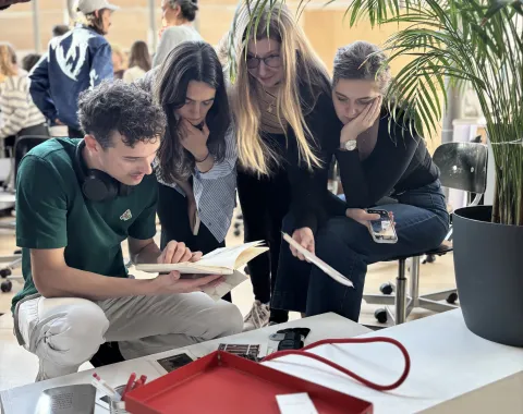 Mehrere junge Menschen schauen sich Objekte an