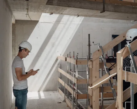 Ein Mann mit Bauhelm steht auf einer Baustelle und schaut in sein Handy 