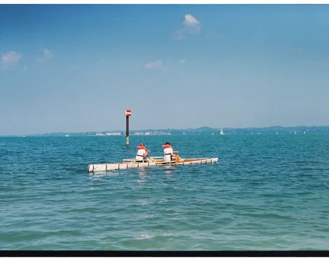 Ein selbstgebautes Boot in einem See. 