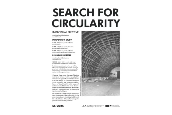 Architektur-Plakat zur individuellen Wahlveranstaltung «Search for Circularity» an der Universität Liechtenstein, SS 2025.