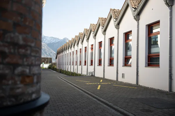 Rückseite der Universitätsgebäude mit gleichmäßig angeordneten Giebeldächern und Blick in die Alpen.