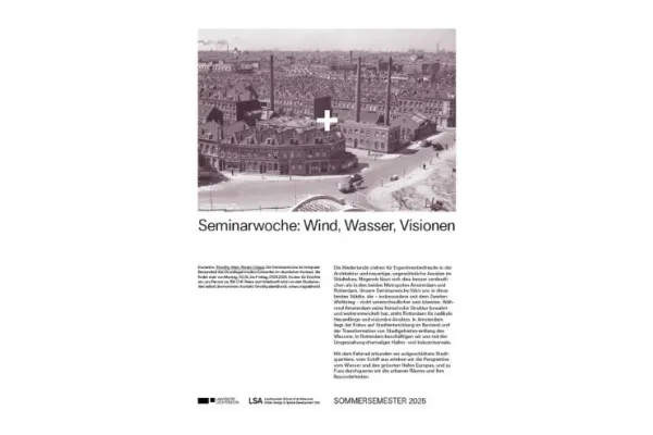 Schwarz/Weisses Plakat zu einer Seminarwoche mit dem Titel "wind, Wasser, Visionen"