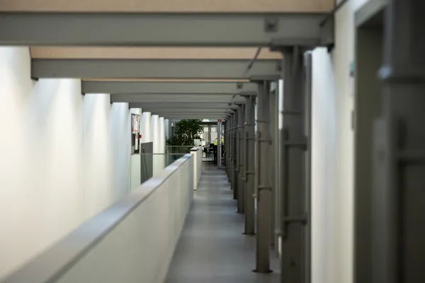 Moderner Flur mit Säulen und Oberlichtern im Gebäude der Universität Liechtenstein.