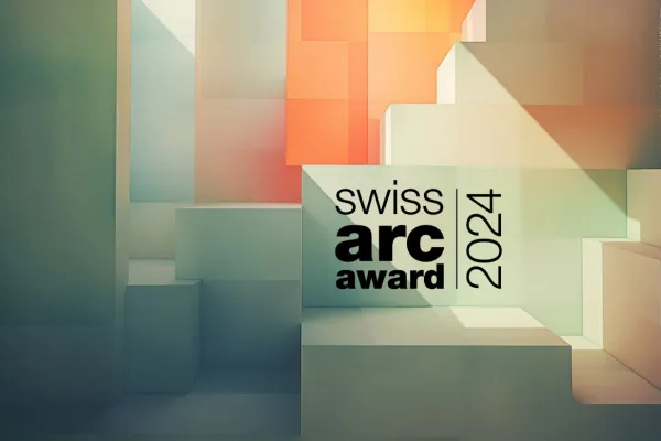 'Swiss Arc Award 2024' prominent im Vordergrund. Modernes Design, das Architektur und Innovation symbolisiert.