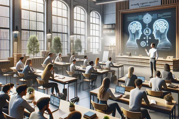 Ein moderner Hörsaal mit Studierenden, die an Tischen sitzen und Laptops nutzen. Ein Dozent steht vorne und präsentiert auf einem großen Bildschirm, der Diagramme von Gehirnen und KI-Symbolen zeigt. Große Fenster lassen viel Tageslicht herein, Pflanzen dekorieren den Raum.