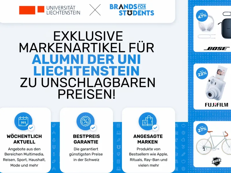 Angebote für Alumni der Universität Liechtenstein auf dem Markenportal Brands for Students