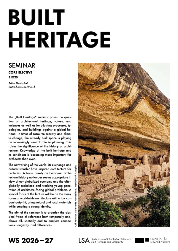 Plakat zum Seminar «Built Heritage» im Wintersemester 2026/27 an der Universität Liechtenstein mit einer Aufnahme der Felsensiedlung Cliff Palace im Mesa-Verde-Nationalpark.
